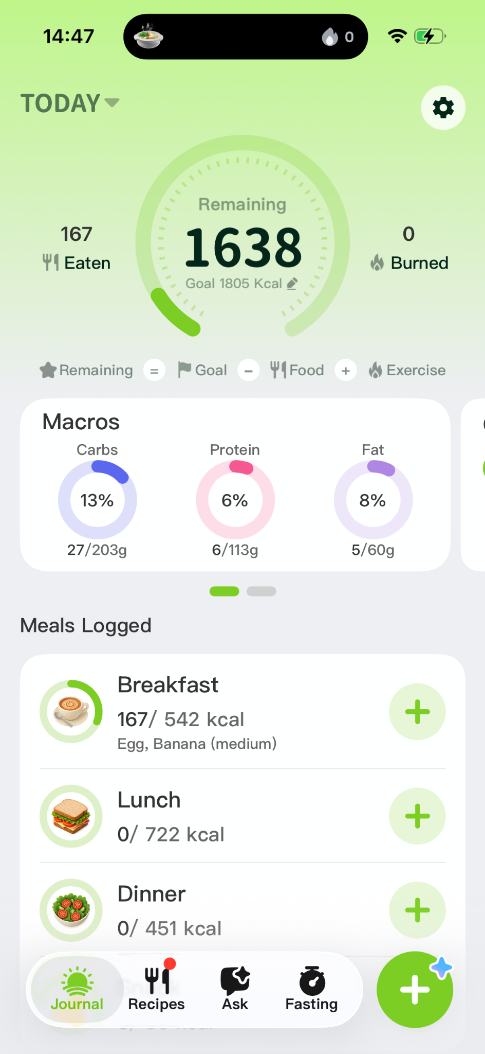 MyFood+ calorie dashboard product screenshot