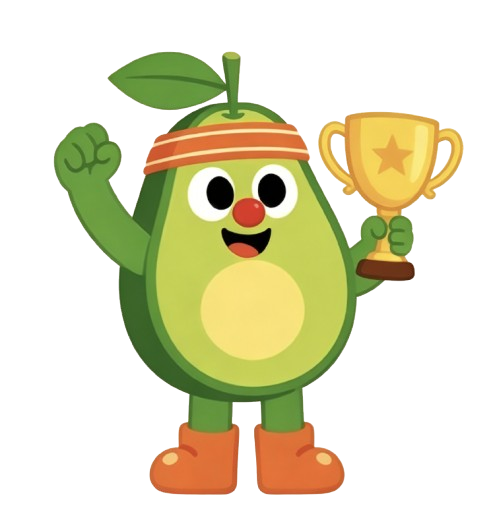 Happy avocado mascot holding a trophy